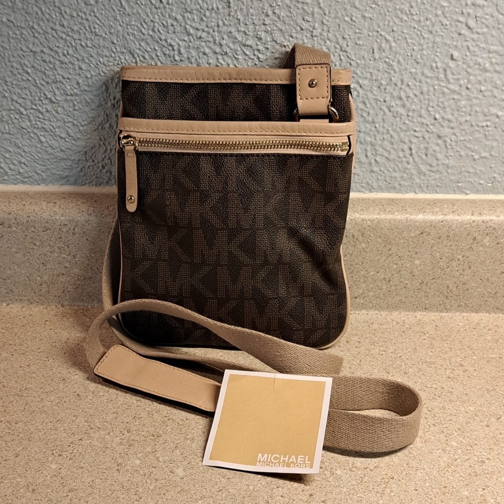 Michael Kors Dark Brown MK Logo Crossbody with Beige Trim